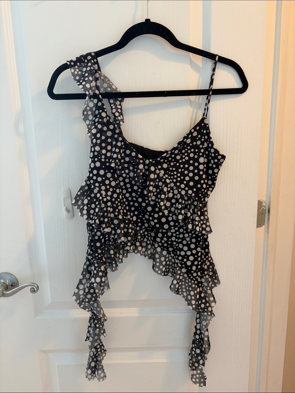 Zara Black and White Polka Dot Asymmetric Ruffle Cami